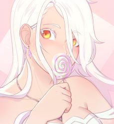 Rule 34 | 1girl, andrea vaeyl, bare shoulders, breasts, candy, commentary, earrings, english commentary, food, hair over one eye, jewelry, large breasts, lollipop, long hair, looking at viewer, necklace, orange eyes, original, portrait, razalor, solo, swirl lollipop, white hair