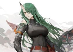 Rule 34 | 1girl, arknights, arm ribbon, belt, black shirt, breasts, clothing cutout, commentary request, covered navel, dirty, dirty face, flag, green hair, hair over one eye, highres, horns, hoshiguma (arknights), hoshiguma (ronin huntress) (arknights), large breasts, long hair, long sleeves, mask, oni mask, parted lips, qinglai haiji, red belt, ribbon, scar, scar on face, scar on shoulders, shield, shirt, shoulder cutout, single horn, skin-covered horns, solo, sweatdrop, turtleneck, upper body
