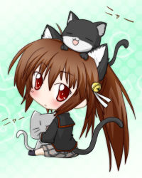 Rule 34 | 1girl, :&lt;, animal, animal ears, animal on head, blush, brown hair, cat, cat ears, cat on head, chibi, little busters!, long hair, looking back, md5 mismatch, natsume rin, on head, plaid, plaid skirt, ponytail, resolution mismatch, school uniform, skirt, solo, source larger, soutsuki naru