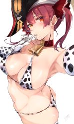 Rule 34 | 1girl, absurdres, animal print, ass, bare shoulders, bell, bicorne, bikini, black hat, blush, breasts, cleavage, collar, collarbone, cow print, cow print bikini, cowbell, elbow gloves, gloves, hair ribbon, hat, heterochromia, highres, hololive, houshou marine, large breasts, long hair, looking at viewer, navel, pirate, print bikini, red eyes, red hair, red ribbon, ribbon, solo, swimsuit, thighhighs, tomochi (tmc tmc8), twintails, virtual youtuber, white bikini, white gloves, white thighhighs, yellow eyes
