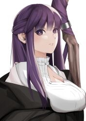 Rule 34 | 1girl, absurdres, black coat, blunt bangs, breasts, bright pupils, cleavage, closed mouth, coat, commentary, dress, fern (sousou no frieren), highres, large breasts, lucifinil desuwa, mage staff, purple eyes, purple hair, solo, sousou no frieren, staff, upper body, white dress