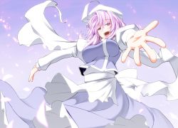 Rule 34 | 1girl, breasts, female focus, hat, iwanori, large breasts, letty whiterock, light purple hair, open mouth, outstretched arms, purple eyes, scarf, short hair, simple background, smile, solo, spread arms, touhou, white scarf