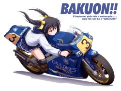 Rule 34 | 10s, 1girl, bakuon!!, bow, brown hair, candy apricot (ymmryso), commentary request, english text, engrish text, knee pads, mashita (candy apricot), motor vehicle, motorcycle, nakano chisame, ranguage, riding, school uniform, solo, vehicle, yamaha, yamaha yzr500