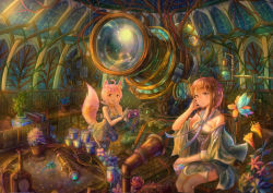 Rule 34 | 2girls, ahoge, animal ears, big dipper, black legwear, brown eyes, brown hair, camera, chair, constellation, cup, detached sleeves, dress, drinking glass, flower, fox ears, fox tail, gloves, hairband, hand on own face, indoors, kutsunohito, looking at another, looking to the side, multiple girls, night, observatory, open mouth, original, pink hair, plant, potted plant, red eyes, red rose, rose, short hair, sidelocks, single glove, sitting, smile, standing, sundress, table, tail, telescope, thighhighs, vines, wine glass, wooden floor, zettai ryouiki