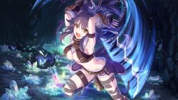 Rule 34 | 1girl, animal ears, armpits, bandages, breasts, brown eyes, cleavage cutout, clothing cutout, cygames, fang, makoto (princess connect!), official art, princess connect!, purple hair, shorts, solo, sword, tail, thigh strap, weapon, wolf ears, wolf tail