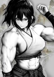 Rule 34 | 1girl, abs, absurdres, bare arms, bare shoulders, biceps, black hair, breasts, crop top, greyscale, highres, large breasts, looking at viewer, monochrome, muscular, muscular female, original, solo, tagme, tamaki 1101