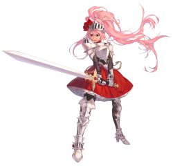 Rule 34 | 1girl, armor, breastplate, closed mouth, flower, frills, gauntlets, greaves, hair flower, hair ornament, holding, holding sword, holding weapon, knight, long hair, original, pauldrons, pink hair, pink lips, red eyes, red flower, red rose, red skirt, rose, rwael, shoulder armor, simple background, skirt, solo, standing, sunrise stance, sword, weapon, white background