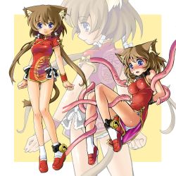 Rule 34 | 1girl, animal ears, ankle cuffs, anklet, bdsm, bondage, bound, brown hair, china dress, chinese clothes, collar, covered erect nipples, cuffs, dress, jewelry, katahira masashi, long hair, original, panties, socks, tail, tentacles, underwear