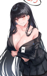 Rule 34 | 1girl, bare shoulders, black hair, black pantyhose, black shirt, black skirt, blue archive, breast hold, breasts, bright pupils, cleavage, collarbone, cowboy shot, grin, hair ornament, hairclip, halo, highres, id card, large breasts, leaning forward, lkeris, long hair, long sleeves, looking at viewer, miniskirt, no bra, off shoulder, pantyhose, pleated skirt, red eyes, rio (blue archive), shirt, skirt, smile, solo, standing, very long hair