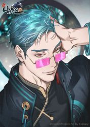 Rule 34 | 1boy, blue hair, chinese clothes, closed mouth, commentary request, glasses, highres, holding, looking at viewer, luyao vcatch, male focus, mature male, original, red eyes, short hair, smile, solo, sunglasses, thai commentary, upper body, virtual youtuber