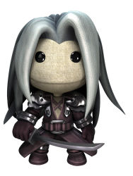 Rule 34 | 1990s (style), 1boy, 3d, cosplay, expressionless, final fantasy, final fantasy vii, full body, highres, littlebigplanet, long hair, looking at viewer, male focus, official art, retro artstyle, sackboy, sephiroth, sephiroth (cosplay), silver hair, simple background, solo, standing, sword, weapon, white background