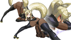 Rule 34 | 1girl, absurdres, animal ear fluff, animal ears, arched back, arm rest, ass, black bodysuit, black footwear, black gloves, blonde hair, bodysuit, boots, breasts, commission, dark persona, dog days, elbow gloves, fingerless gloves, flexible, fox ears, fox girl, fox tail, gloves, hair ribbon, hands on ground, highres, jack-o&#039; challenge, large breasts, meme, parted bangs, pixiv commission, ponytail, rantia, red ribbon, ribbon, skin tight, spread legs, stretching, tail, thigh boots, top-down bottom-up, wide spread legs