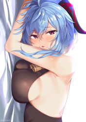 Rule 34 | 1girl, armor, armpits, back, backless outfit, bare shoulders, bed sheet, bell, black bodysuit, blue hair, blush, bodysuit, breast press, breasts, commentary, cowbell, face, ganyu (genshin impact), genshin impact, hair between eyes, highres, horns, long hair, looking at viewer, lying, medium breasts, on bed, on stomach, open mouth, purple eyes, sideboob, solo, twomoon