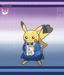 Rule 34 | :3, black eyes, blue bow, blue bowtie, blue pants, bow, bowtie, buttons, closed mouth, clothed pokemon, commentary, copyright name, creatures (company), dreambig, eyelashes, full body, game freak, gen 1 pokemon, gloves, highres, long sleeves, nintendo, no humans, outline, pants, pikachu, pokemon, pokemon (creature), smile, solo, tailcoat, watermark, white gloves