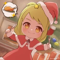 Rule 34 | 1girl, artist name, azur lane, box, chibi, christmas, christmas tree, closed mouth, dress, fireplace, food, fork, gift, gift box, green hair, hair ornament, hands up, hat, highres, holding, holding fork, holding knife, indoors, knife, looking at viewer, m kirara, omaha (azur lane), plate, red dress, red hat, santa costume, santa dress, santa hat, signature, smile, solo, sparkle, speech bubble, star (symbol), star hair ornament, swept bangs, tilted headwear, turkey (food), yellow eyes