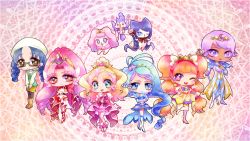 Rule 34 | 6+girls, akagi towa, amanogawa kirara, aroma (go! princess precure), blonde hair, bow, chibi, cure flora, cure mermaid, cure scarlet, cure twinkle, dress, earrings, gloves, go! princess precure, haruno haruka, jewelry, kaidou minami, long hair, magical girl, miss siamour, multicolored hair, multiple girls, nanase yui, pink hair, precure, prince kanata, puff (go! princess precure), smile, tochiringo, two-tone hair, waist bow