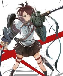 10s 1girl alternate_costume dual_wielding female_focus highres holding kantai_collection katana re_(tori) school_uniform serafuku shikinami_(kancolle) ship_turret solo sword weapon