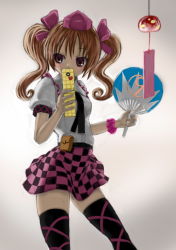 Rule 34 | 1girl, black thighhighs, brown eyes, brown hair, cellphone, checkered clothes, checkered skirt, circled 9, hand fan, hat, himekaidou hatate, kabaji, paper fan, phone, skirt, solo, thighhighs, tokin hat, touhou, twintails, uchiwa, wind chime