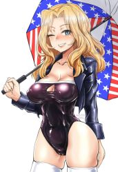 Rule 34 | 10s, 1girl, black jacket, black leotard, blazer, blonde hair, blue eyes, breasts, cleavage, cleavage cutout, clothing cutout, cowboy shot, girls und panzer, grin, jacket, kay (girls und panzer), large breasts, leotard, long hair, looking at viewer, one eye closed, qzo (akai kitsune), race queen, simple background, smile, solo, thighhighs, umbrella, white background