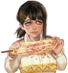 Rule 34 | 1girl, black hair, brown eyes, chainsaw man, corn, crying, crying with eyes open, elote (food), food, food on face, hair ornament, hairclip, higashiyama kobeni, highres, holding, holding food, kimy list, mexico, mixed-language commentary, mole, mole on cheek, mole under eye, mole under mouth, multiple moles, short ponytail, signature, simple background, single sidelock, solo, spanish commentary, tears, upper body, white background
