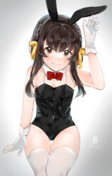 Rule 34 | 1girl, absurdres, animal ears, black eyes, black hair, black leotard, blush, closed mouth, covered navel, dated, detached collar, fake animal ears, feet out of frame, gloves, highres, jitsukawa ashi, kantai collection, leotard, looking at viewer, rabbit ears, short hair with long locks, sidelocks, signature, smile, solo, strapless, strapless leotard, thighhighs, ukuru (kancolle), white gloves, white thighhighs