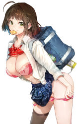 Rule 34 | 1girl, ahoge, backpack, bag, blue skirt, blush, bra, breasts, brown hair, cleavage, collared shirt, condom, condom wrapper, dress shirt, green eyes, highres, hougu souji, large breasts, long sleeves, looking at viewer, mouth hold, open clothes, open shirt, original, panties, panty pull, pink bra, pink panties, pleated skirt, shirt, short hair, skirt, smile, solo, thighhighs, thighs, underwear, white shirt