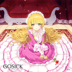 Rule 34 | 1girl, alternate costume, blonde hair, copyright name, couch, curtains, dress, flower, frills, gosick, green eyes, hairband, lolita fashion, long hair, long sleeves, looking at viewer, on floor, parted lips, petals, pink dress, red upholstery, rose, rug, sgtxiaoxin, sitting, solo, v arms, very long hair, victorica de blois