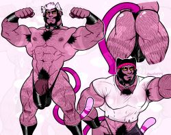 Rule 34 | 1boy, abs, absurdres, animal ears, armpit hair, armpits, artist name, ass, bara, beard, biceps, bulge, chest hair, collar, double biceps pose, facial hair, fang, flexing, hairy, hat, highres, huge ass, large bulge, large pectorals, looking to the side, male focus, male thong, male underwear, manly, mature male, michopanq, muscular, muscular male, nipples, no pants, original, pectorals, penis, pubic hair, shirt, simple background, slit pupils, solo, sparkle, sweat, sweatdrop, t-shirt, tail, thick arms, thick eyebrows, thick thighs, thighs, topless male, twitter username, underwear, veins, veiny penis, wet, wet clothes, white background, wristband, yellow eyes