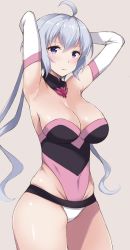 Rule 34 | 1girl, ahoge, arms up, blush, breasts, closed mouth, covered navel, gloves, highres, large breasts, leotard, long hair, looking at viewer, low twintails, pink leotard, purple eyes, senki zesshou symphogear, shiny clothes, shiny skin, silver hair, simple background, skindentation, solo, standing, strapless, strapless leotard, twintails, white gloves, yatsune rika, yukine chris