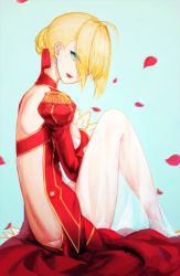 Rule 34 | 10s, 1girl, back, backless outfit, bad id, bad pixiv id, blonde hair, breasts, dress, earrings, closed eyes, fate/extra, fate (series), green eyes, hair over one eye, jewelry, labombardier!, lipstick, looking at viewer, makeup, nero claudius (fate), nero claudius (fate), nero claudius (fate/extra), petals, red dress, red lips, see-through, sitting, solo