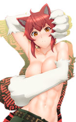 Rule 34 | 1girl, abs, ahoge, animal ears, animal hands, belt, blush, breasts, brown eyes, cleavage, covering breasts, covering privates, fur, kaibutsu oujo, large breasts, navel, red hair, riza wildman, solo, toned, topless, ueyama michirou, wolf ears, yellow eyes