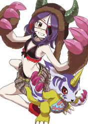 Rule 34 | 10s, 1girl, absurdres, animal hands, bare shoulders, belt, bikini, bikini top only, brown eyes, collar, commentary request, copyright request, digimon, digimon (creature), eyepatch, female focus, flat chest, from above, front-tie bikini top, front-tie top, gabumon, gloves, hat, hayasaka mirei, highres, horns, idolmaster, idolmaster cinderella girls, kneeling, looking up, multicolored hair, paw gloves, purple hair, red hair, short hair, skirt, smile, solo, streaked hair, swimsuit, two-tone hair, white background, yamamoto souichirou