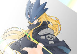 Rule 34 | absurdres, bad id, bad pixiv id, beelstarmon, blonde hair, breasts, cape, digimon, digimon (creature), gradient background, highres, long hair, mask, red eyes, revealing clothes, simple background, solo, underboob, zipper