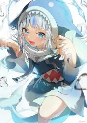 Rule 34 | 1girl, :d, absurdres, animal hood, blue eyes, blue hoodie, blue nails, fins, fish tail, gawr gura, gawr gura (1st costume), highres, hololive, hololive english, hood, hoodie, kamatoyu, looking at viewer, multicolored hair, nail polish, open mouth, paw pose, shark girl, shark hood, shark tail, sharp teeth, short hair, simple background, smile, solo, streaked hair, tail, teeth, virtual youtuber, white background, white hair