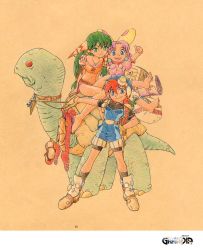Rule 34 | 1boy, 2girls, armor, bare legs, barefoot, blue eyes, clothes, colored pencil (medium), earrings, feena (grandia), friends, full body, game arts, goggles, grandia, grandia i, green eyes, green hair, hair ornament, hair tubes, hand on own hip, hat, highres, hip focus, hontani toshiaki, jewelry, justin (grandia), layered sleeves, logo, long hair, looking at viewer, midriff, multiple girls, multiple riders, necklace, official art, purple hair, puui (grandia), red hair, riding, short hair, sleeves rolled up, smile, sue (grandia), sword, traditional media, turtle, weapon