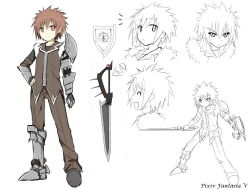 Rule 34 | 1boy, character sheet, closed eyes, copyright name, frown, hand on own hip, laughing, male focus, open mouth, pixiv fantasia, pixiv fantasia 5, short hair, simple background, sky-freedom, smile, sword, upper body, weapon, white background