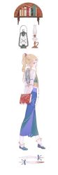 Rule 34 | 1girl, ankle cuffs, arm garter, ashuijing, blonde hair, blood, blood stain, blue footwear, blue skirt, book, bookshelf, circlet, commentary, dagger, english commentary, expressionless, forehead jewel, from side, full body, gem, green vest, holding, holding behind back, holding book, knife, lantern, long hair, long skirt, long sleeves, midriff, original, parted lips, pointy ears, ponytail, purple eyes, red gemstone, shirt, shoes, simple background, skirt, solo, vest, weapon, white background, white garter, white shirt, white sleeves