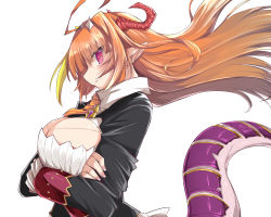 Rule 34 | 1girl, ahoge, arms under breasts, black jacket, blonde hair, blunt bangs, breast hold, breasts, bright pupils, brooch, cleavage, cleavage cutout, clothing cutout, collared shirt, commentary request, commission, crossed arms, dragon girl, dragon horns, dragon tail, eyes visible through hair, floating hair, from side, highres, hololive, horns, jacket, jewelry, kiryu coco, kiryu coco (1st costume), large breasts, long hair, long sleeves, looking at viewer, looking to the side, mafuri, multicolored hair, nail polish, orange hair, pink nails, pointy ears, purple eyes, shirt, sidelocks, skeb commission, smile, solo, streaked hair, tail, upper body, virtual youtuber, white background, white pupils, white shirt
