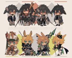 Rule 34 | 6+boys, animal ears, argyle, argyle background, arknights, ascot, ayerscarpe (arknights), ayerscarpe (tested one) (arknights), black ascot, black jacket, black shorts, blonde hair, blue eyes, brown hair, brown pants, camouflage, camouflage pants, cane, chibi, coat, commentary request, earclip, ears through headwear, grey background, hat, highres, holding, holding staff, holding sword, holding weapon, hood, hood up, hoodie, jacket, leonhardt (arknights), leonhardt (finder in the rough) (arknights), leonhardt (hope cruise) (arknights), lop rabbit ears, mini hat, mini top hat, multiple boys, official alternate costume, one eye closed, pants, rabbit boy, rabbit ears, red eyes, remu (kudarizaka 25), shorts, staff, sword, top hat, translation request, weapon, white coat, white hat, white hoodie, white pants