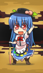 Rule 34 | 1girl, blue hair, chibi, female focus, food, fruit, full body, hinanawi tenshi, leaf, lowres, mamo williams, peach, red eyes, solo, sword, sword of hisou, thumbs up, touhou, weapon