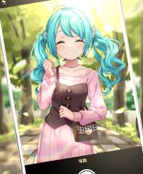 Rule 34 | 1girl, alternate hair length, alternate hairstyle, aqua hair, bag, cellphone, commentary, cowboy shot, day, dress, facing viewer, falling leaves, flower, grin, hair flower, hair ornament, hand up, hatsune miku, highres, jewelry, leaf, lens flare, long hair, looking at viewer, matatabi dango, necklace, outdoors, phone, pink dress, shoulder bag, smartphone, smile, solo, stone floor, taking picture, tree, twintails, vocaloid