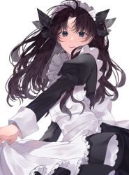 Rule 34 | 1girl, alternate costume, apron, black dress, black hair, black ribbon, black thighhighs, blue eyes, commentary request, dress, enmaided, fate/stay night, fate (series), frilled apron, frills, from side, hair ribbon, highres, juliet sleeves, long hair, long sleeves, looking at viewer, maid, maid apron, maid headdress, messy hair, open mouth, parted bangs, puffy sleeves, ribbon, shimatori (sanyyyy), simple background, smile, solo, teeth, thighhighs, tohsaka rin, two side up, upper teeth only, white apron, white background