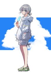 Rule 34 | 1boy, blue eyes, blue sky, cloud, eyelashes, fate/grand order, fate (series), food, from side, full body, grey hair, hair bun, hand in pocket, highres, holding, holding food, holding popsicle, jacket, looking at viewer, male focus, moyashi (momoyashi 321), oberon (fate), oberon (refreshing summer prince) (fate), popsicle, ribbon, sidelocks, sky, split mouth, white footwear, white jacket, white ribbon