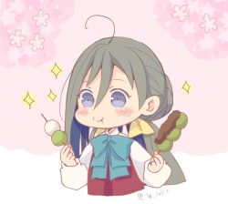 Rule 34 | 1girl, ahoge, bow, bowtie, cherry blossoms, colis, dango, eating, floral background, food, grey eyes, grey hair, hair between eyes, hair bun, halterneck, kantai collection, kiyoshimo (kancolle), long hair, low twintails, pink background, school uniform, shirt, single hair bun, solo, twintails, twitter username, upper body, very long hair, wagashi, white shirt