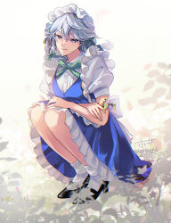 Rule 34 | 1girl, apron, artist name, black footwear, blue dress, blue eyes, bow, bowtie, braid, buttons, collared shirt, crossed arms, dated, dress, flower, frilled dress, frilled sleeves, frills, full body, green bow, grey hair, hair between eyes, hair bow, holding, holding flower, igetaon3, izayoi sakuya, legs together, maid, maid apron, maid headdress, mary janes, medium hair, plant, puffy short sleeves, puffy sleeves, shirt, shoes, short sleeves, smile, socks, solo, squatting, touhou, twin braids, waist apron