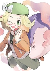 Rule 34 | 1girl, ;d, ankle boots, bag, beret, bianca (pokemon), blonde hair, blouse, blush, boots, bow, capri pants, commentary request, creatures (company), eyelashes, game freak, gen 5 pokemon, glasses, green bag, green eyes, green headwear, green pants, hand up, hat, hat bow, highres, holding, holding poke ball, hood, hooded jacket, jacket, long sleeves, musharna, nintendo, one eye closed, open clothes, open jacket, open mouth, orange footwear, orange jacket, pants, poke ball, poke ball (basic), pokemon, pokemon (creature), pokemon bw2, red-framed eyewear, semi-rimless eyewear, shirt, short hair, shoulder bag, smile, souji touban, teeth, tongue, upper teeth only, v-neck, white bow, white shirt