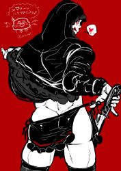 Rule 34 | 1boy, ass, ass focus, bara, black hair, black hoodie, butt crack, climaxmukr, dagger, dorohedoro, from behind, heart, holding, holding weapon, hood, hood up, hoodie, kai (dorohedoro), knife, licking lips, looking back, male focus, multiple monochrome, muscular, pelvic curtain, red background, short hair, solo, spoken heart, thick thighs, thighs, tongue, tongue out, translation request, undressing, weapon