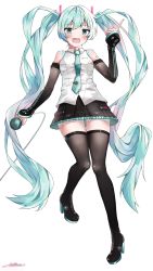 Rule 34 | 1girl, aqua eyes, aqua hair, aqua nails, aqua necktie, bad id, bad pixiv id, bare shoulders, black skirt, black sleeves, black thighhighs, blouse, boots, commentary, detached sleeves, full body, hair ornament, hand up, hatsune miku, hatsune miku (vocaloid4), high heels, highres, holding, holding microphone, index finger raised, knees together feet apart, leg up, long hair, looking at viewer, microphone, microphone cord, miniskirt, nail polish, necktie, open mouth, pleated skirt, see-through, see-through legwear, see-through sleeves, shirt, shirubaa, shoulder tattoo, signature, skirt, sleeveless, sleeveless shirt, sleeves past wrists, smile, solo, tattoo, thigh boots, thighhighs, thighs, twintails, v4x, very long hair, vocaloid, white background, white shirt, zettai ryouiki