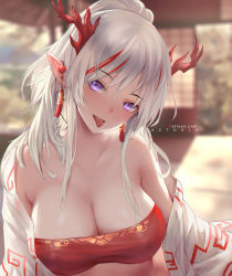 Rule 34 | 1girl, :d, arknights, artist name, aztodio, bandeau, bare shoulders, blurry, blurry background, blush, braid, breasts, cleavage, commentary, covered erect nipples, half updo, head tilt, highres, horns, japanese clothes, kimono, large breasts, long hair, looking at viewer, midriff, multicolored hair, nian (arknights), off shoulder, open clothes, open kimono, open mouth, pointy ears, purple eyes, red hair, red skirt, silver hair, skirt, smile, solo, strapless, streaked hair, tongue, tongue out, tube top, upper body, yukata