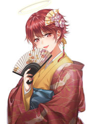 Rule 34 | 1girl, :d, alternate costume, arknights, blush, exusiai (arknights), folding fan, hair between eyes, hair ornament, halo, hand fan, head tilt, highres, holding, holding fan, japanese clothes, kimono, looking at viewer, nail polish, open mouth, pink nails, qianjingya, red eyes, red hair, red kimono, short hair, simple background, smile, solo, upper body, white background, yellow kimono
